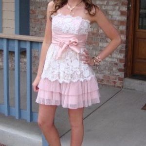 Betsey Johnson Lace Tulle Ruffle Dress Pink/White